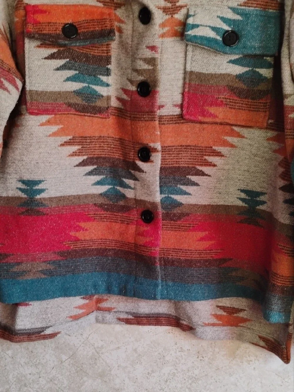 SHEIN Southwestern Button-Front Shacket in Teal, Rust & Cream, Aztec, Size M